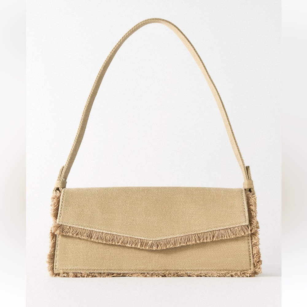 Zara Beige Tan Neutral Fabric shoulder Bag Handbag frayed trim Magnetic flap NWT - Picture 12 of 15